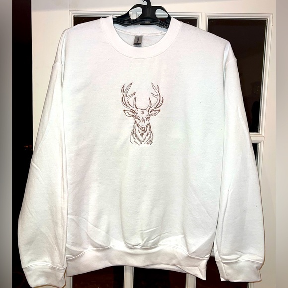 Deer Embroidery Crewneck White Sweater - Picture 3 of 5